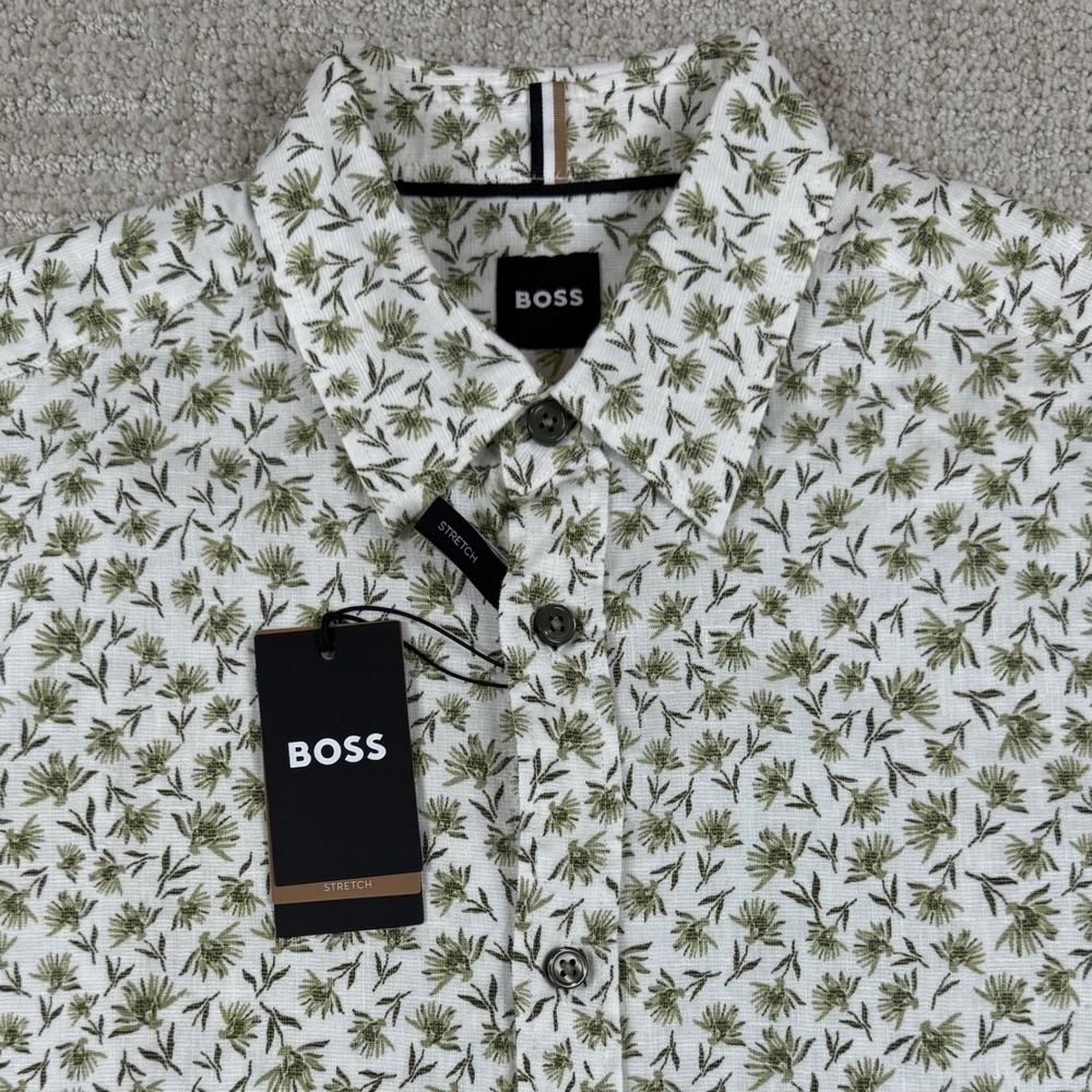 NEW HUGO BOSS Mens Small Floral Roan Stretch Linen Short Sleeve Button Shirt